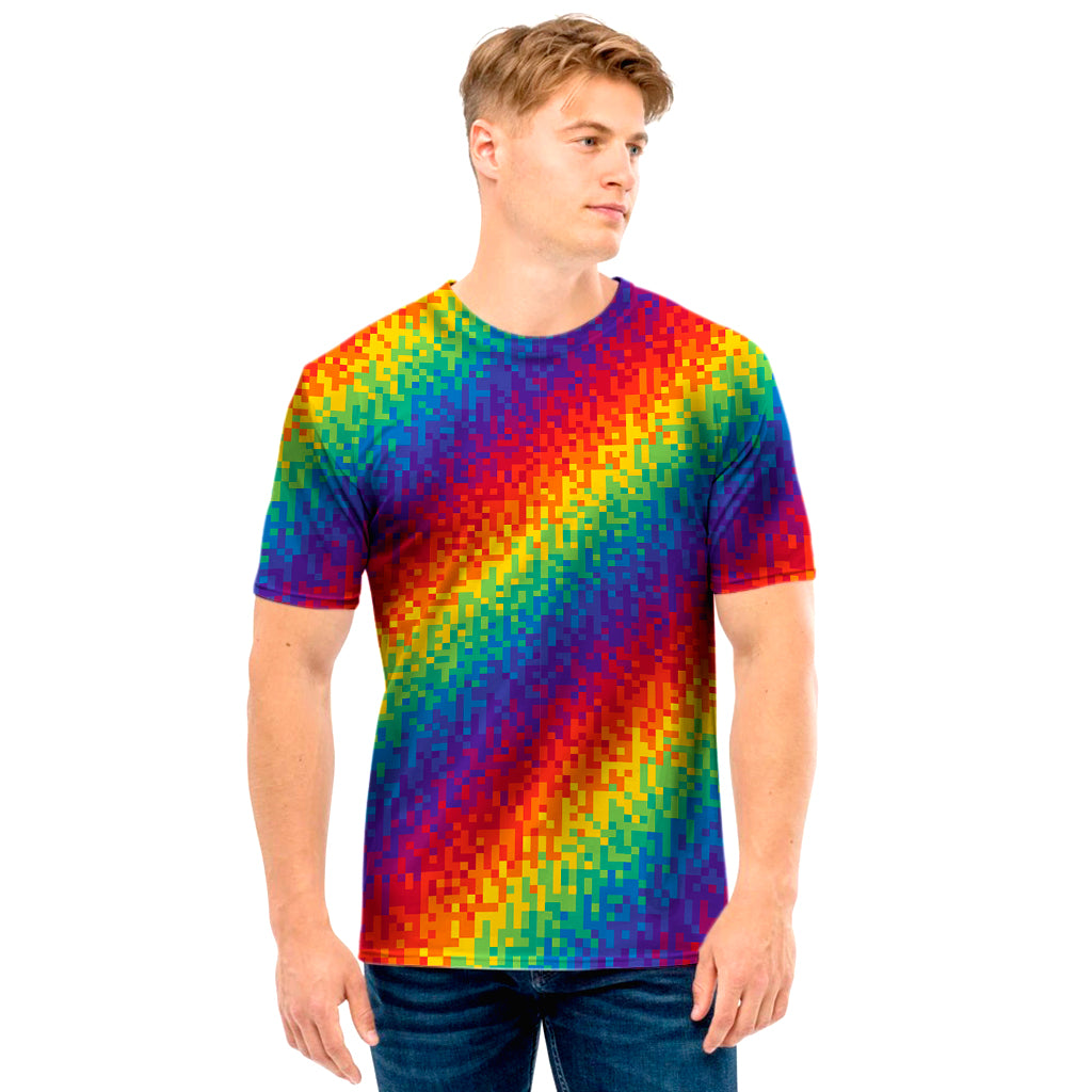 Pixel Rainbow Pattern Print Men's T-Shirt