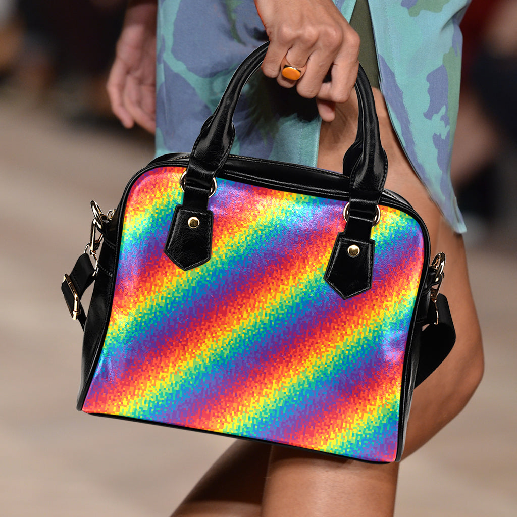 Pixel Rainbow Pattern Print Shoulder Handbag