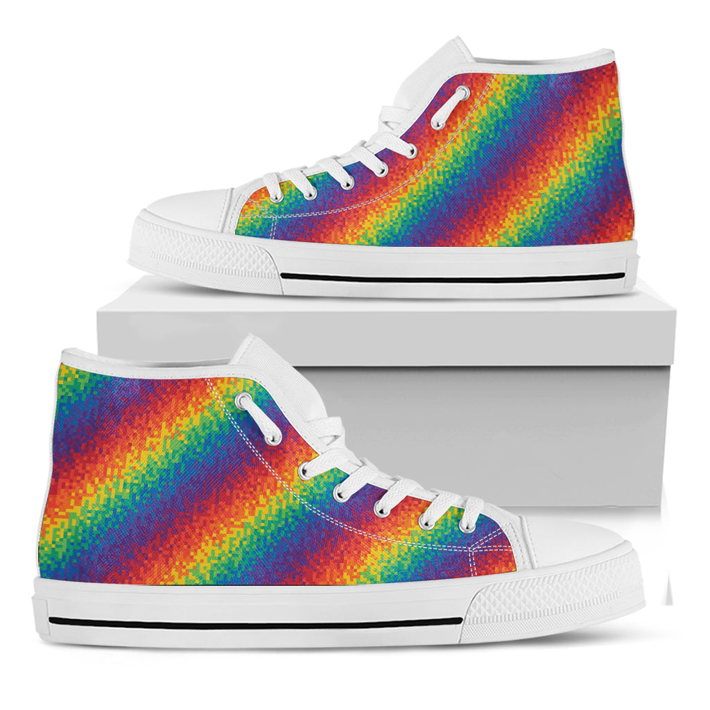 Pixel Rainbow Pattern Print White High Top Shoes