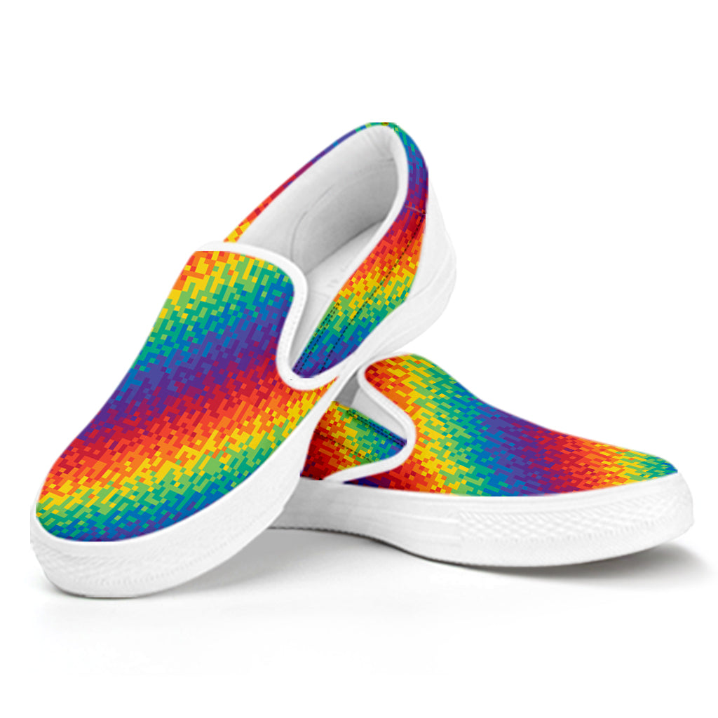 Pixel Rainbow Pattern Print White Slip On Shoes