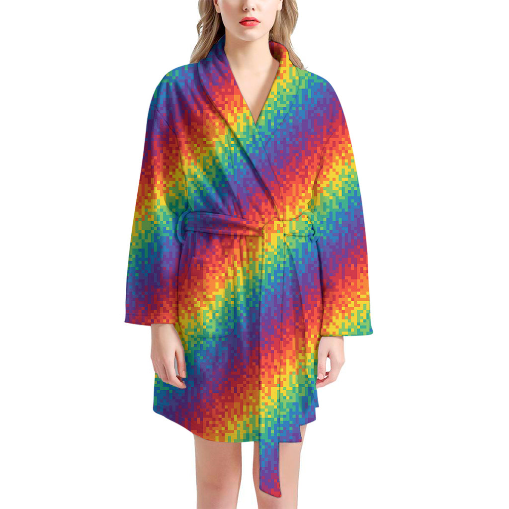 Pixel Rainbow Pattern Print Women's Bathrobe