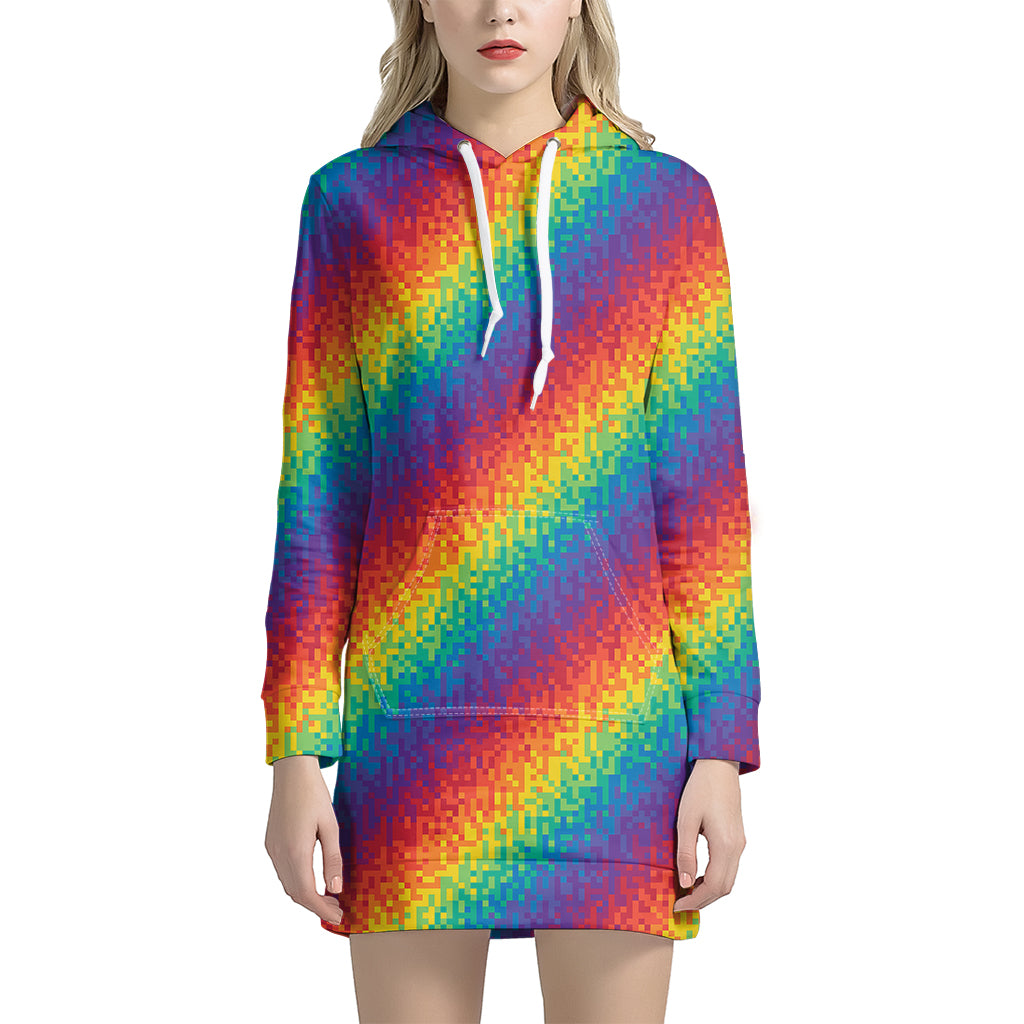 Pixel Rainbow Pattern Print Women's Pullover Hoodie Dress