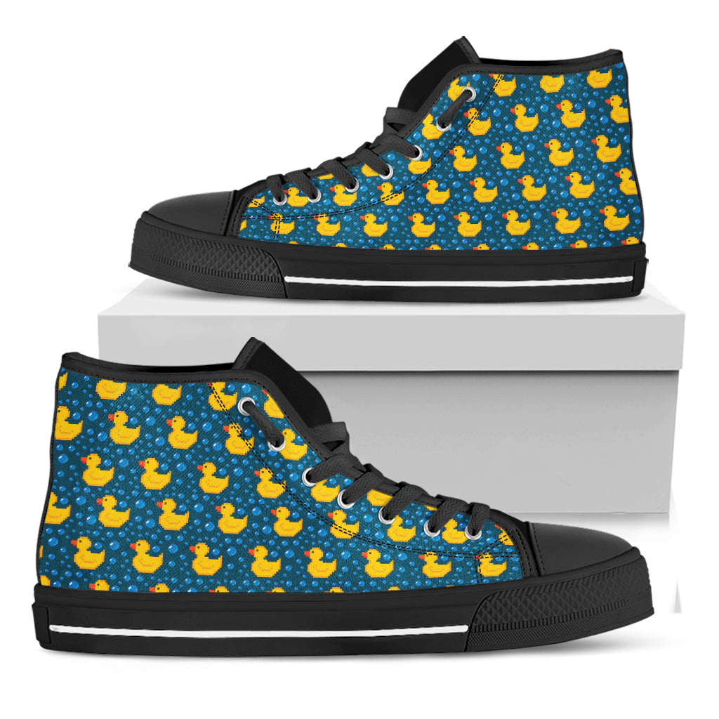 Pixel Rubber Duck Pattern Print Black High Top Shoes