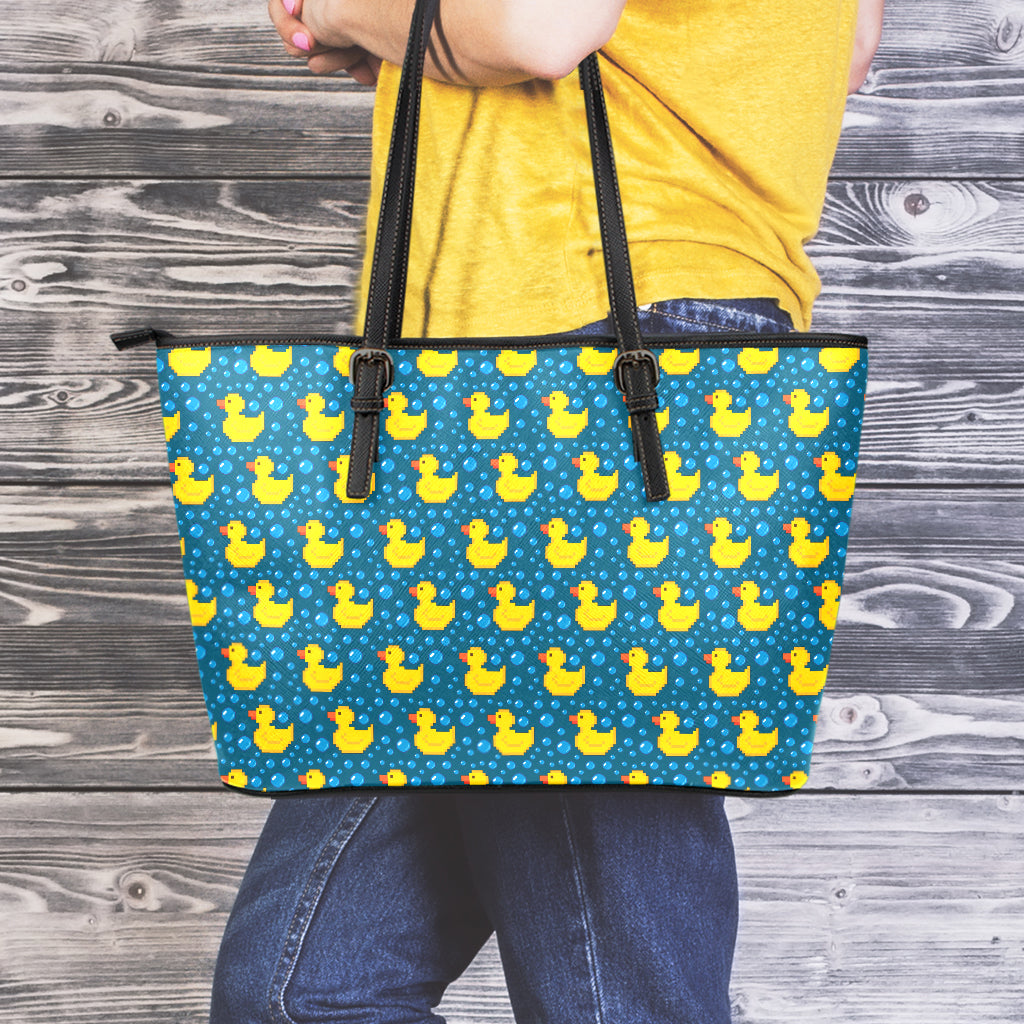 Pixel Rubber Duck Pattern Print Leather Tote Bag