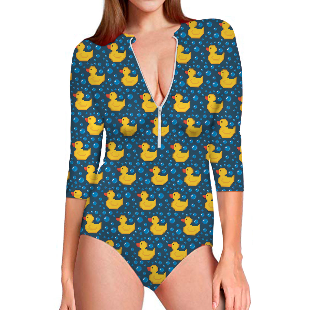 Pixel Rubber Duck Pattern Print Long Sleeve One Piece Swimsuit