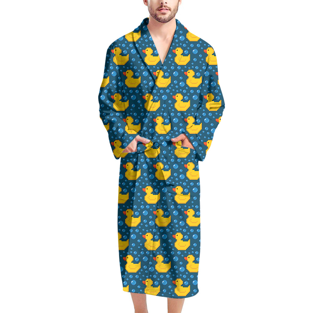 Pixel Rubber Duck Pattern Print Men's Bathrobe