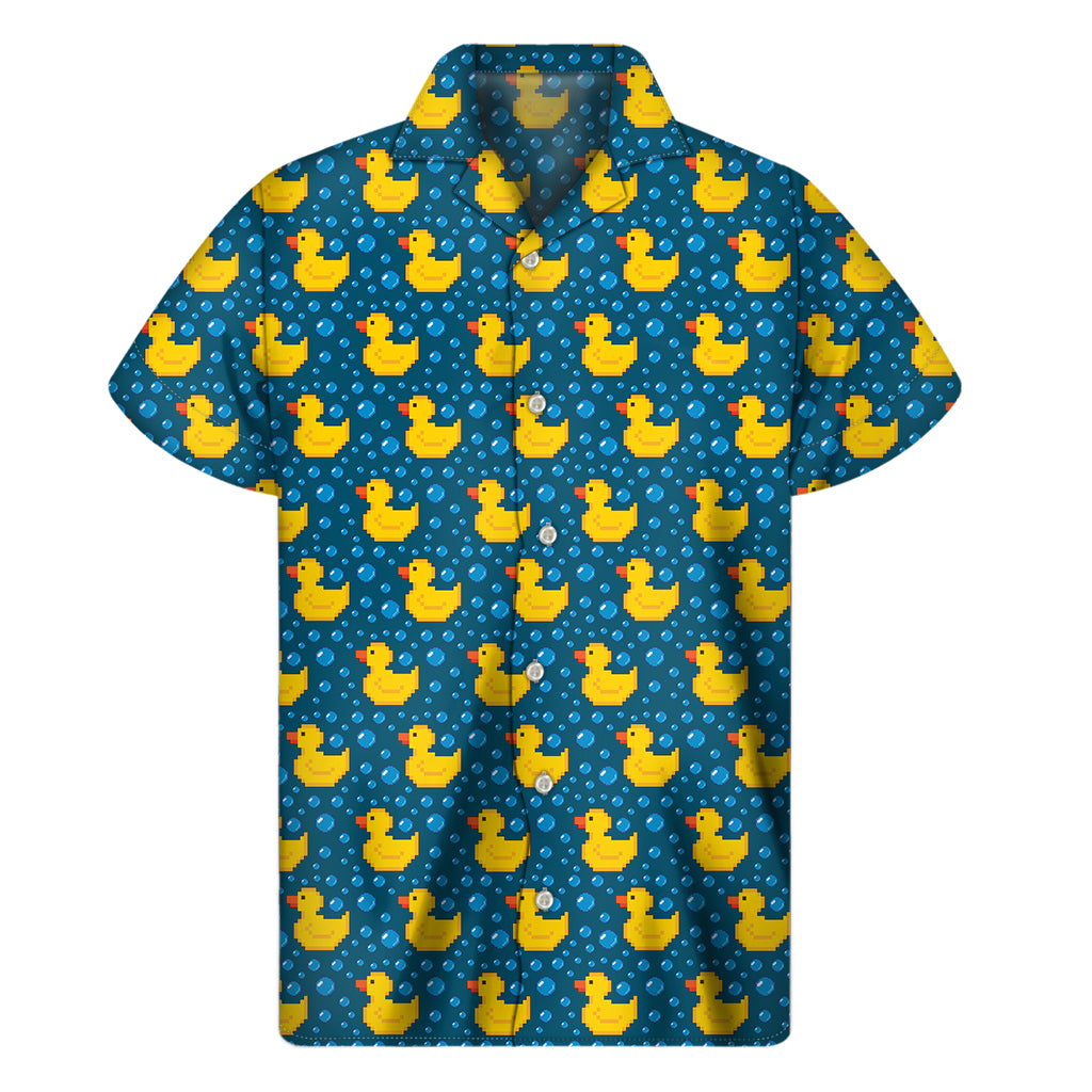 Pixel Rubber Duck Pattern Print Men's Short Sleeve Shirt