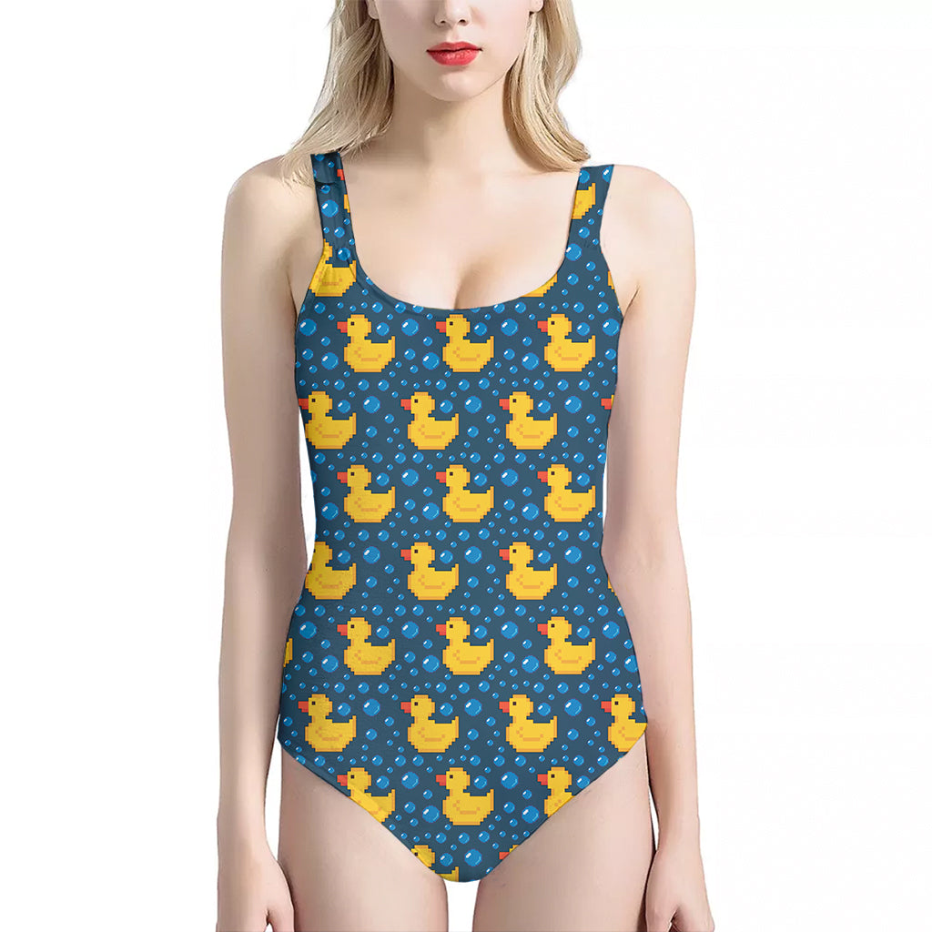 Pixel Rubber Duck Pattern Print One Piece Halter Neck Swimsuit