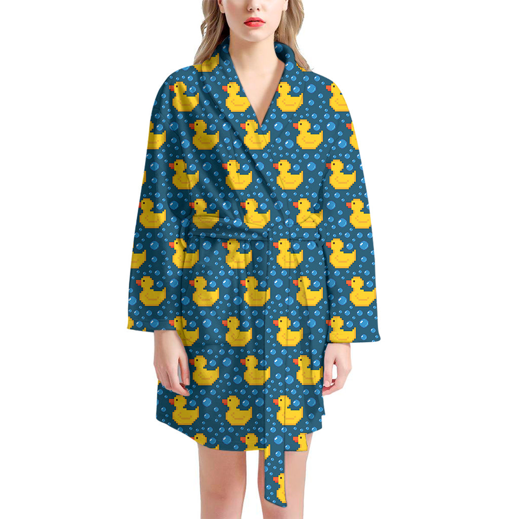 Pixel Rubber Duck Pattern Print Women's Bathrobe