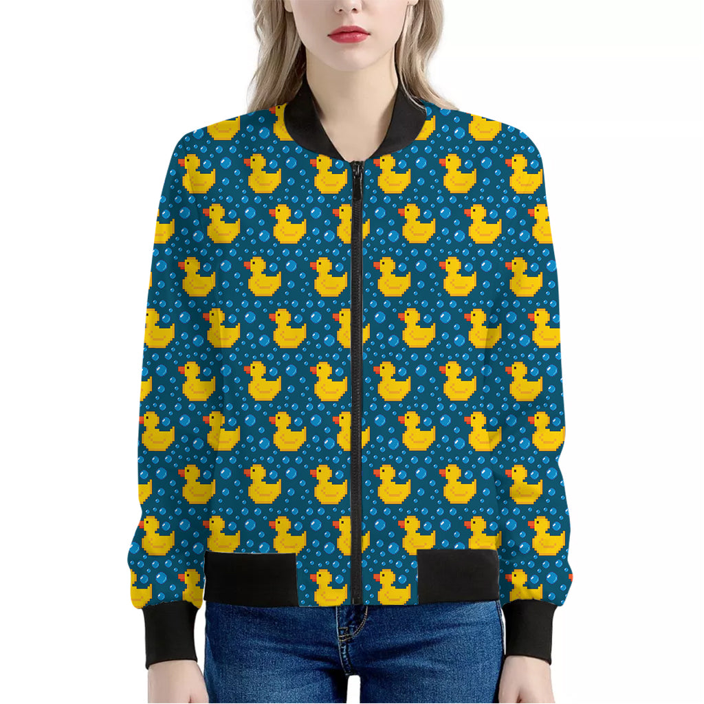 Pixel Rubber Duck Pattern Print Women's Bomber Jacket