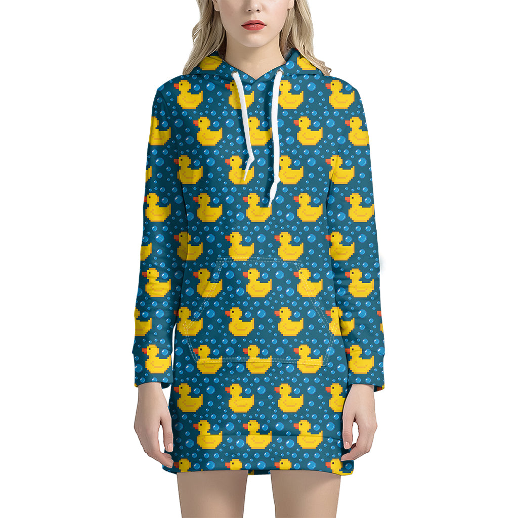 Pixel Rubber Duck Pattern Print Women's Pullover Hoodie Dress