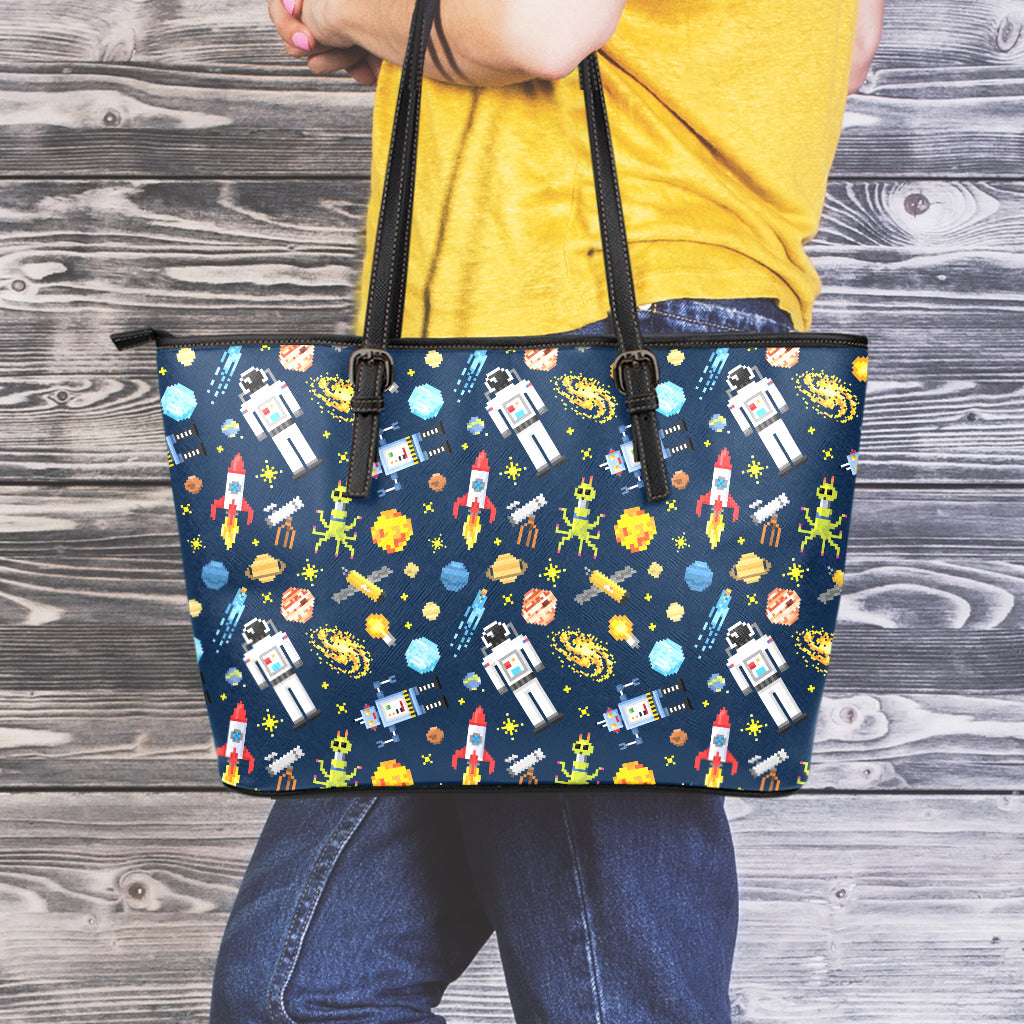 Pixel Space Pattern Print Leather Tote Bag