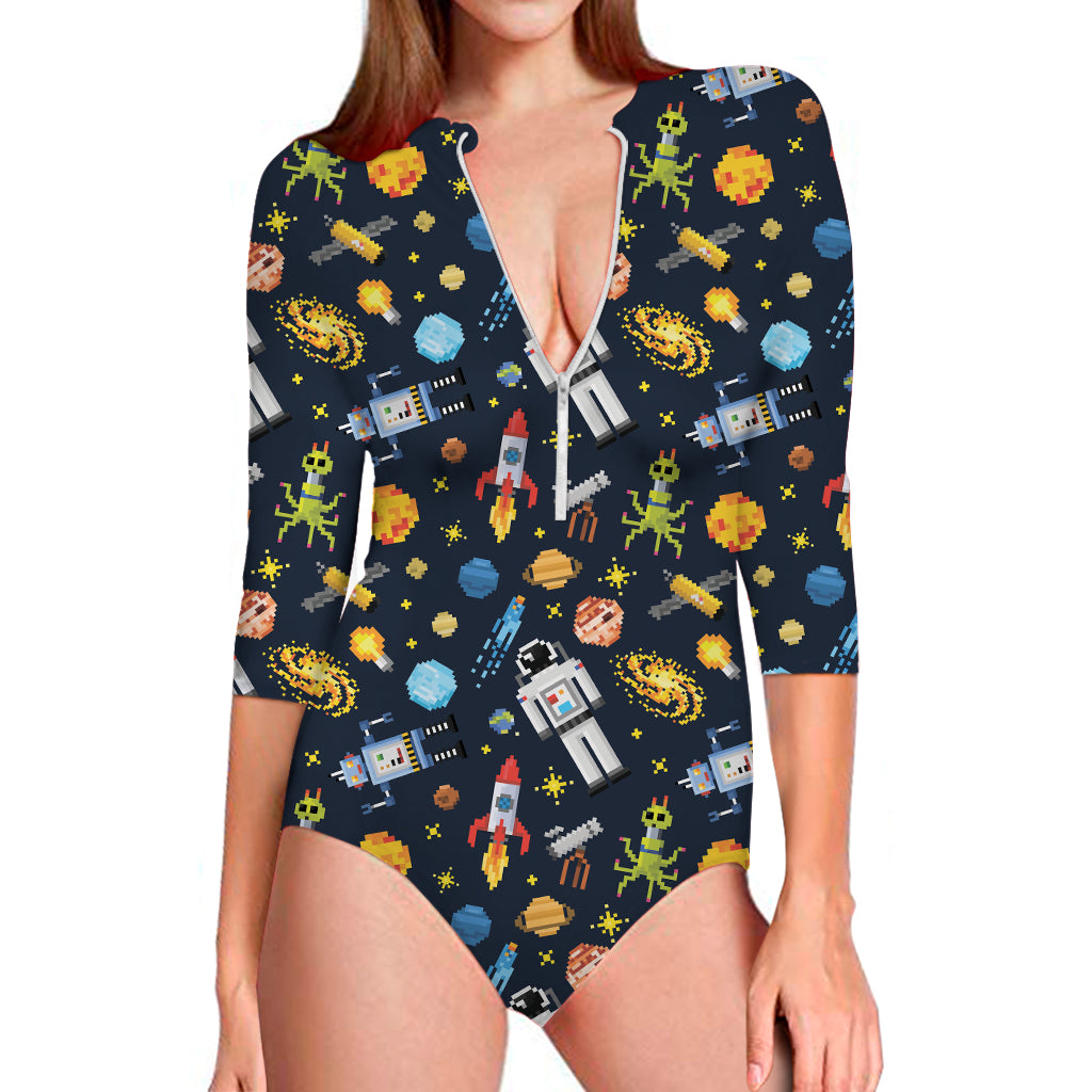 Pixel Space Pattern Print Long Sleeve One Piece Swimsuit