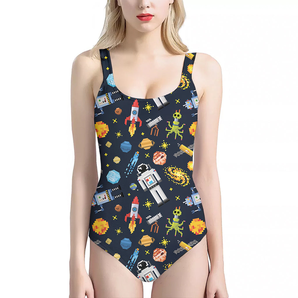 Pixel Space Pattern Print One Piece Halter Neck Swimsuit