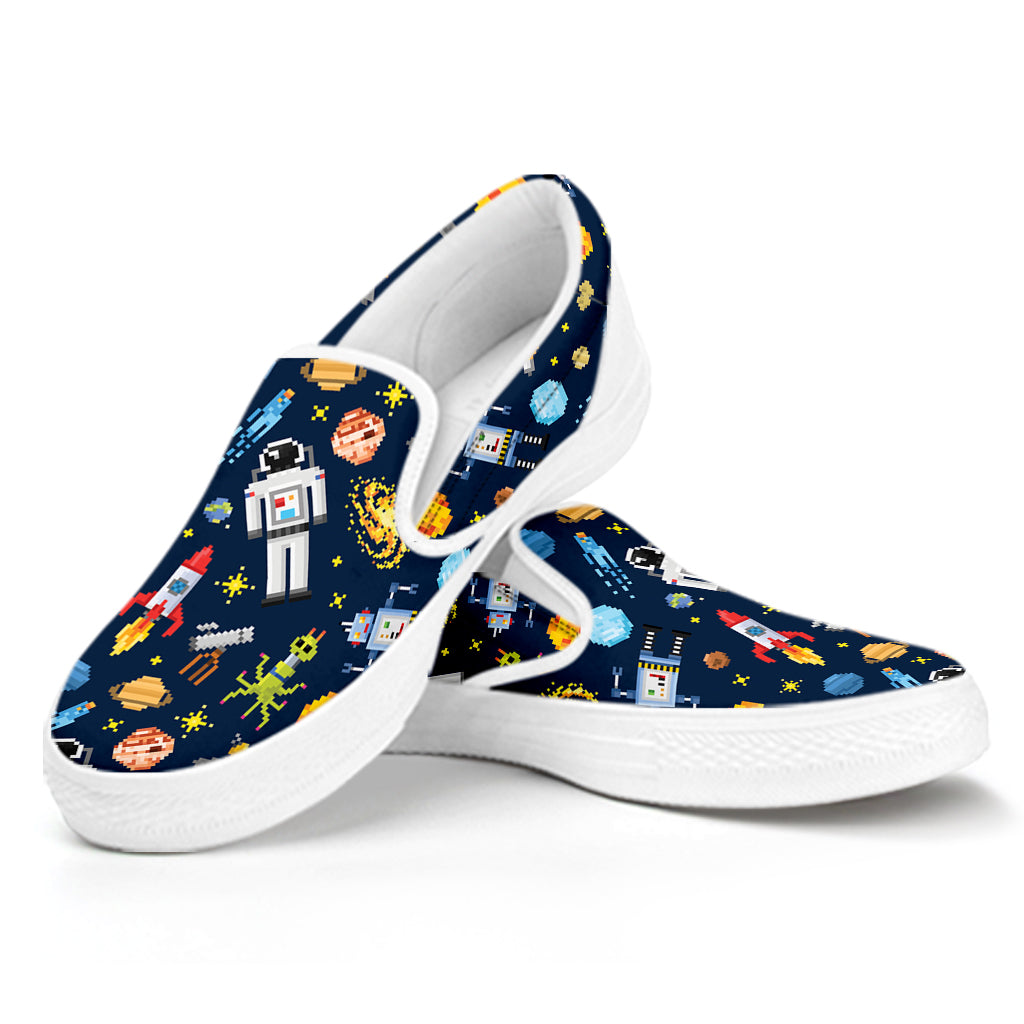 Pixel Space Pattern Print White Slip On Shoes