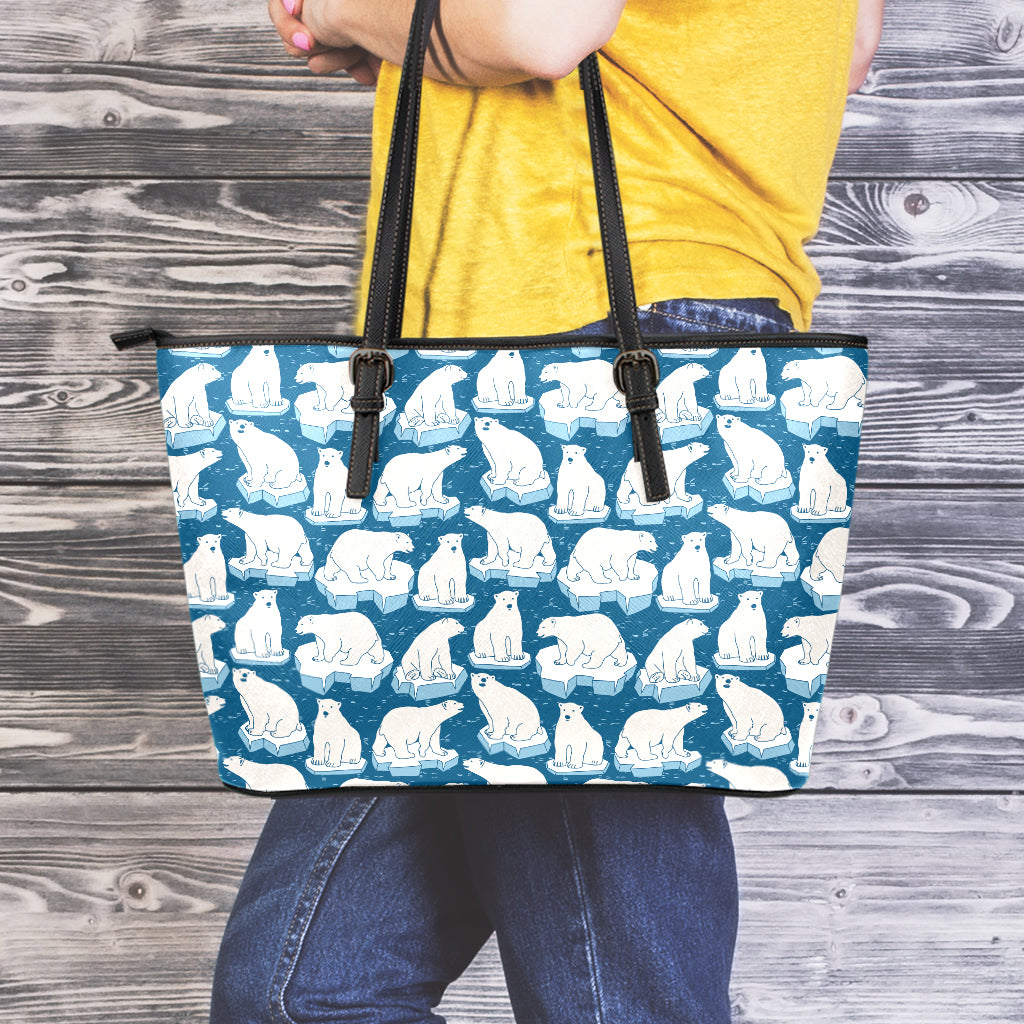 Polar Bear On Ice Pattern Print Leather Tote Bag