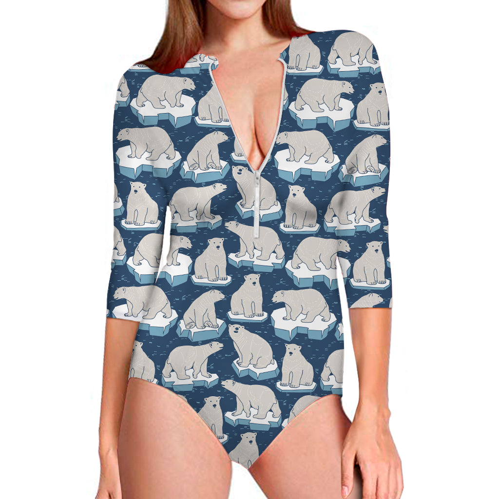 Polar Bear On Ice Pattern Print Long Sleeve One Piece Swimsuit