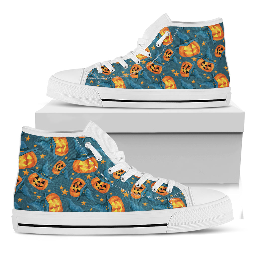 Pumpkin With Witch Hat Pattern Print White High Top Shoes