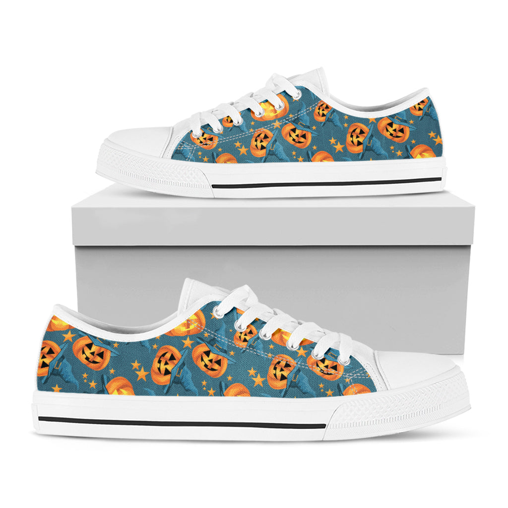 Pumpkin With Witch Hat Pattern Print White Low Top Shoes