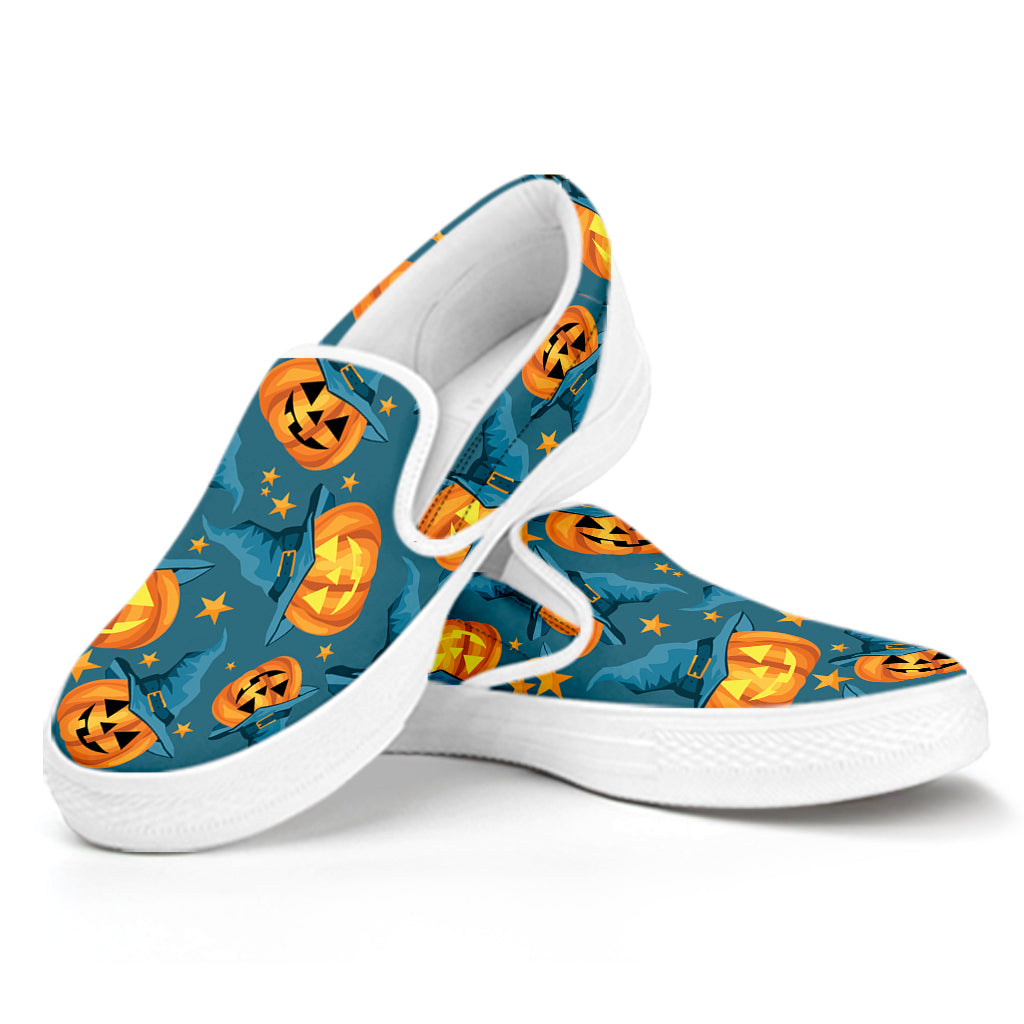 Pumpkin With Witch Hat Pattern Print White Slip On Shoes