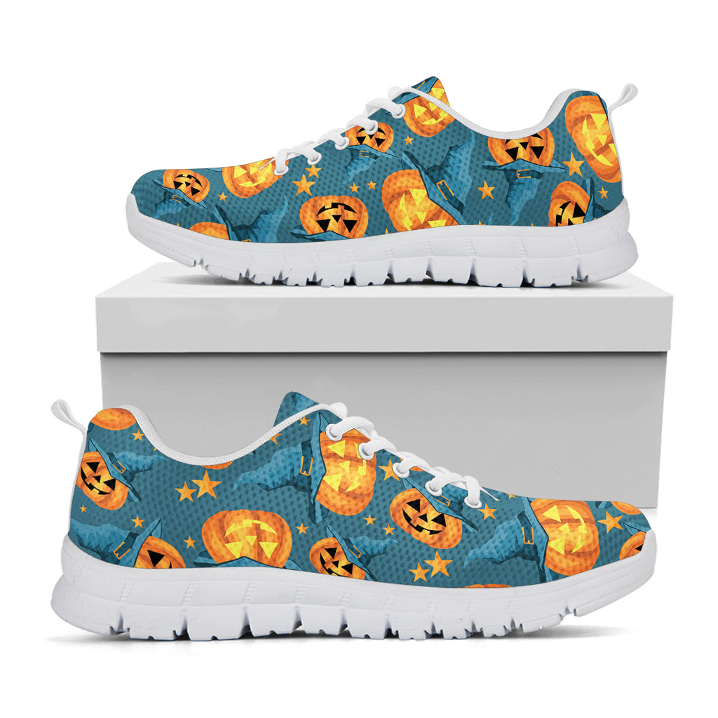 Pumpkin With Witch Hat Pattern Print White Sneakers