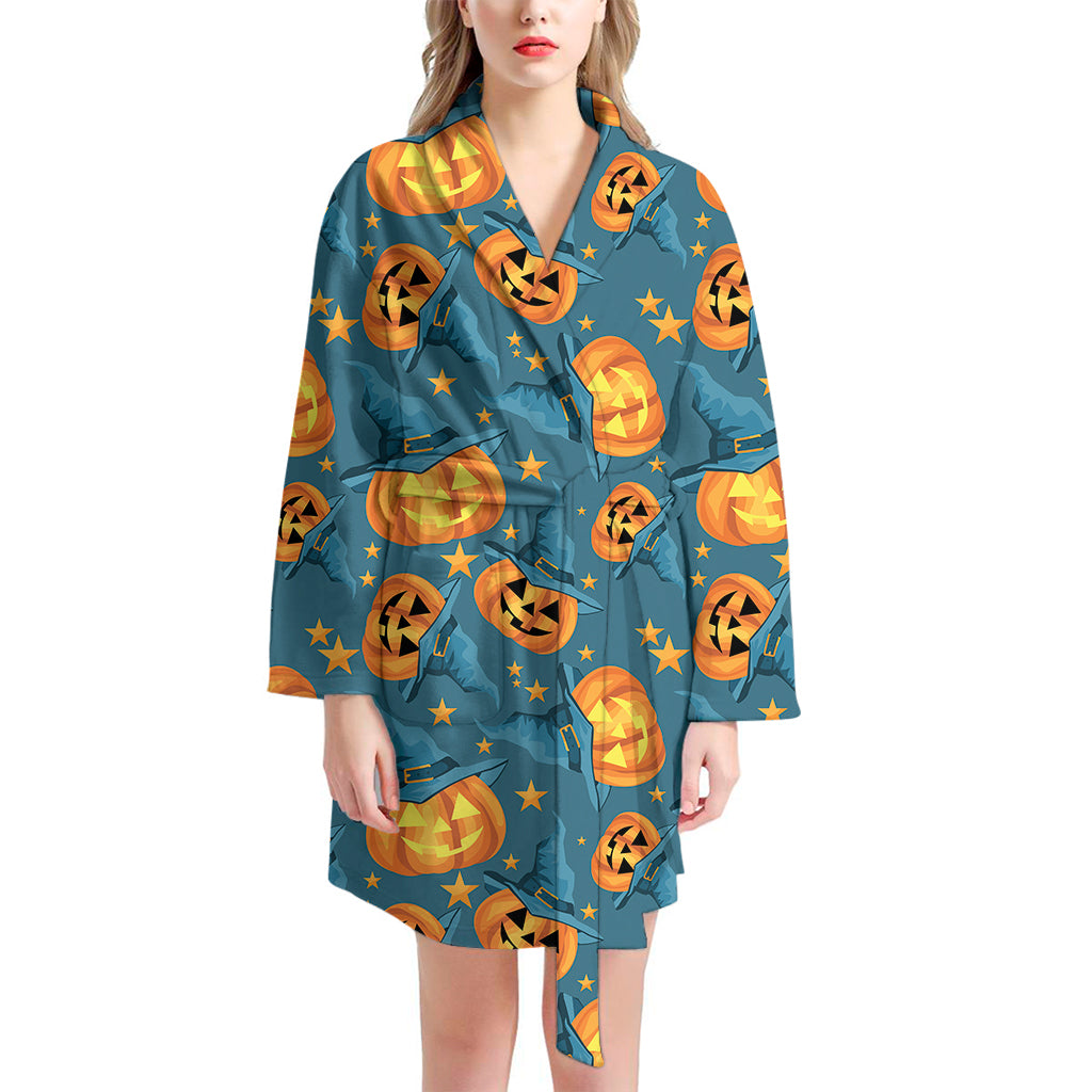 Pumpkin With Witch Hat Pattern Print Women's Bathrobe