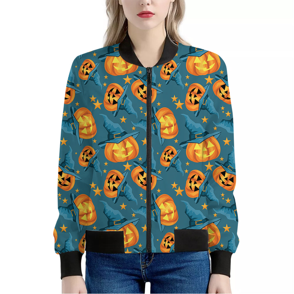 Pumpkin With Witch Hat Pattern Print Women's Bomber Jacket