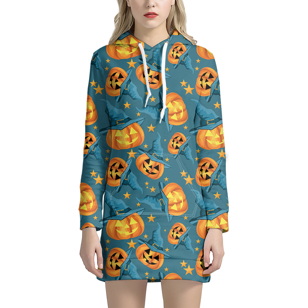 Pumpkin With Witch Hat Pattern Print Women's Pullover Hoodie Dress