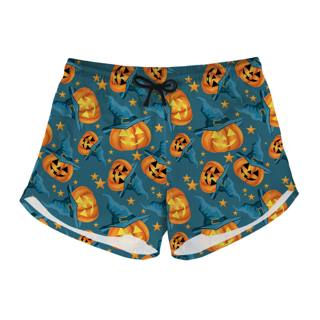 Pumpkin With Witch Hat Pattern Print Women's Shorts