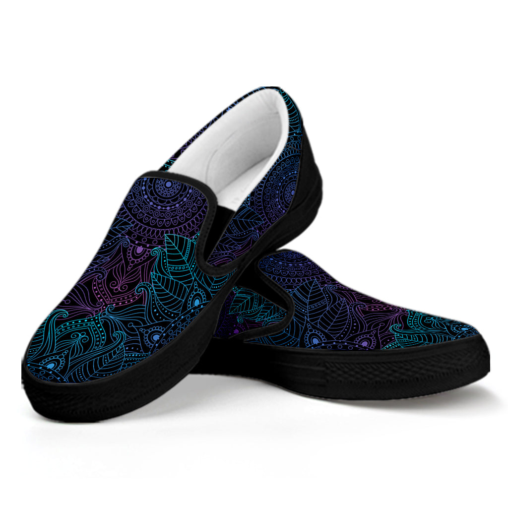 Purple And Teal Mandala Print Black Slip On Shoes