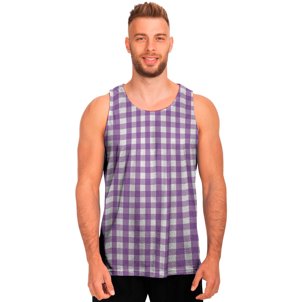 Purple And White Check Pattern Print Men's Tank Top