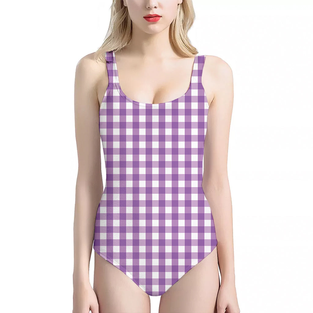 Purple And White Check Pattern Print One Piece Halter Neck Swimsuit
