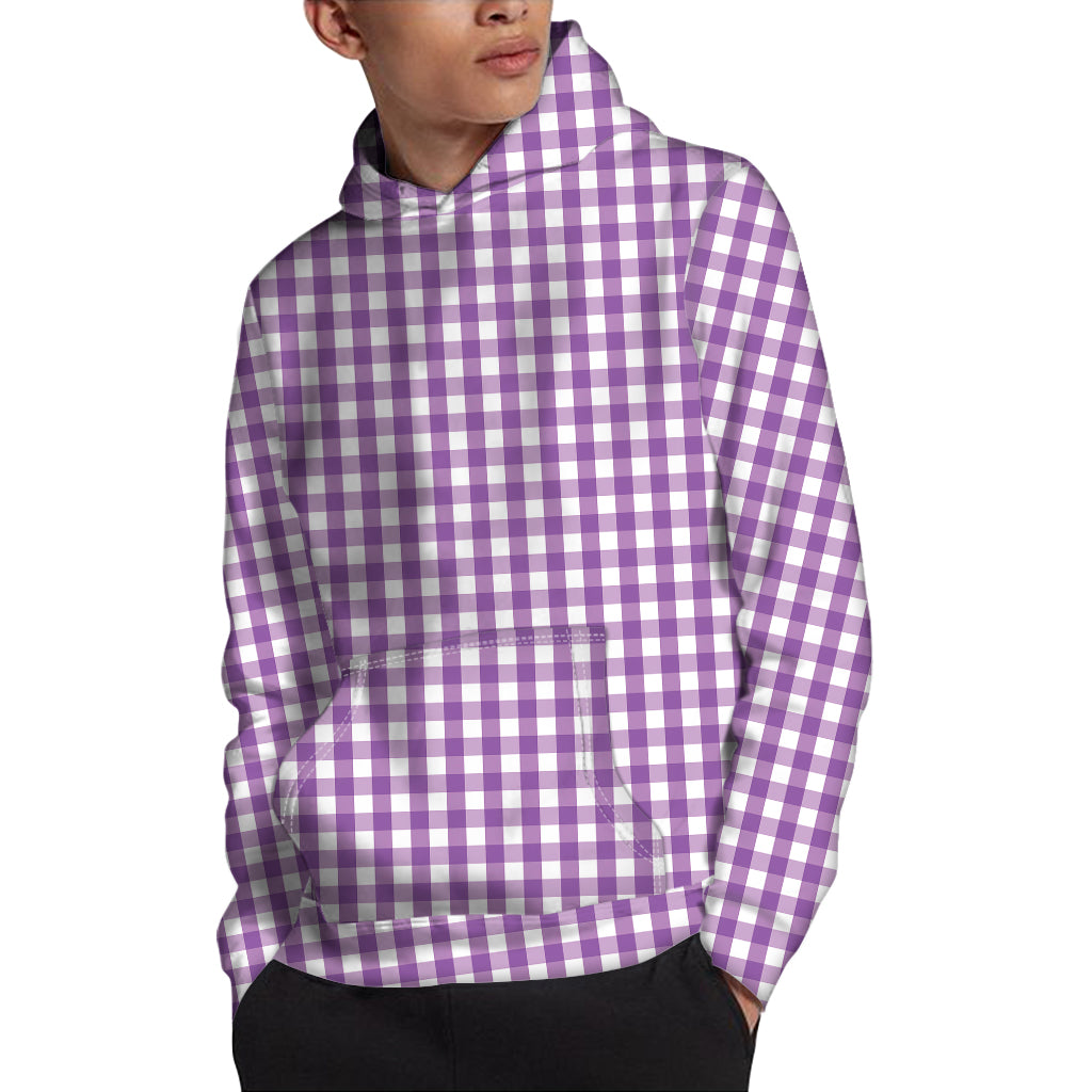 Purple And White Check Pattern Print Pullover Hoodie