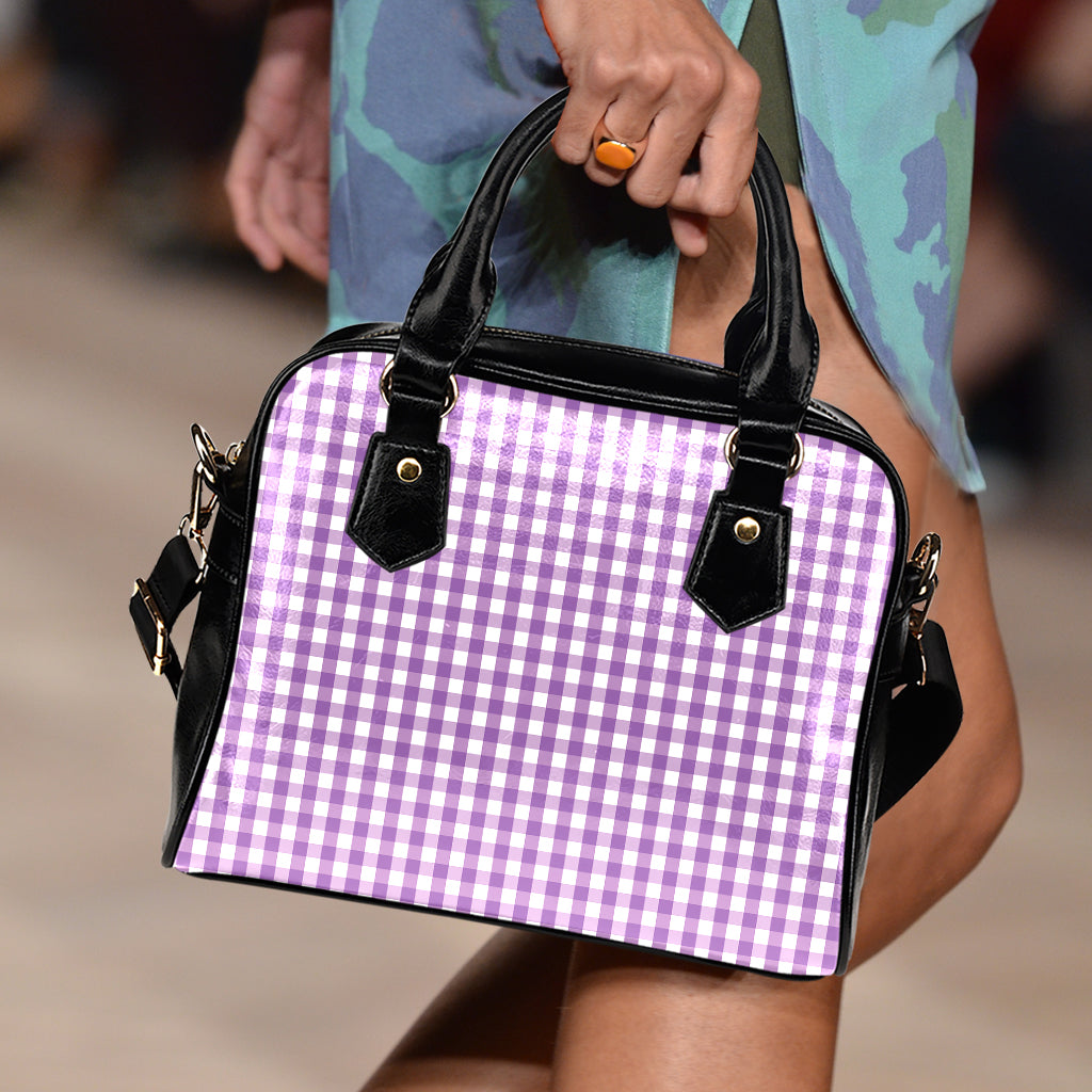 Purple And White Check Pattern Print Shoulder Handbag