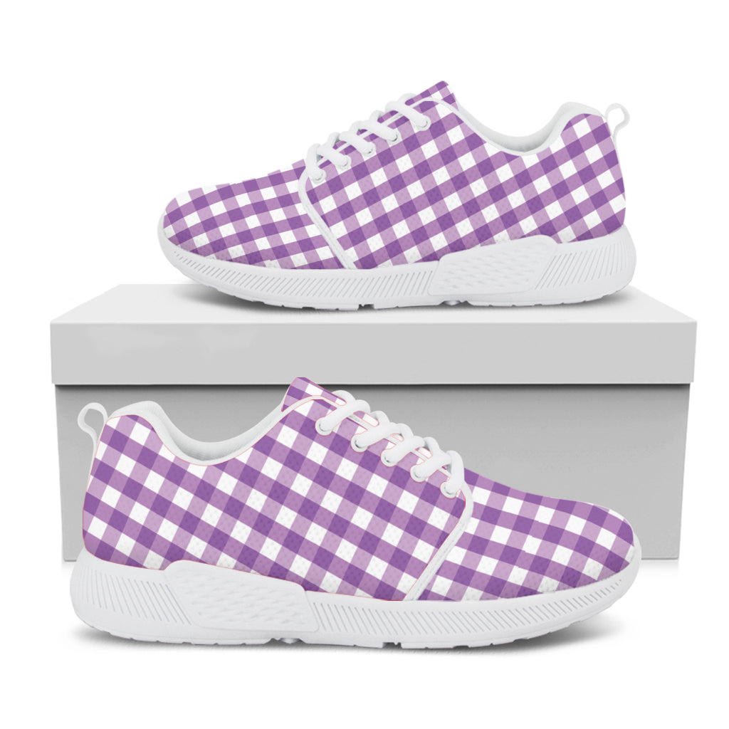 Purple And White Check Pattern Print White Athletic Shoes