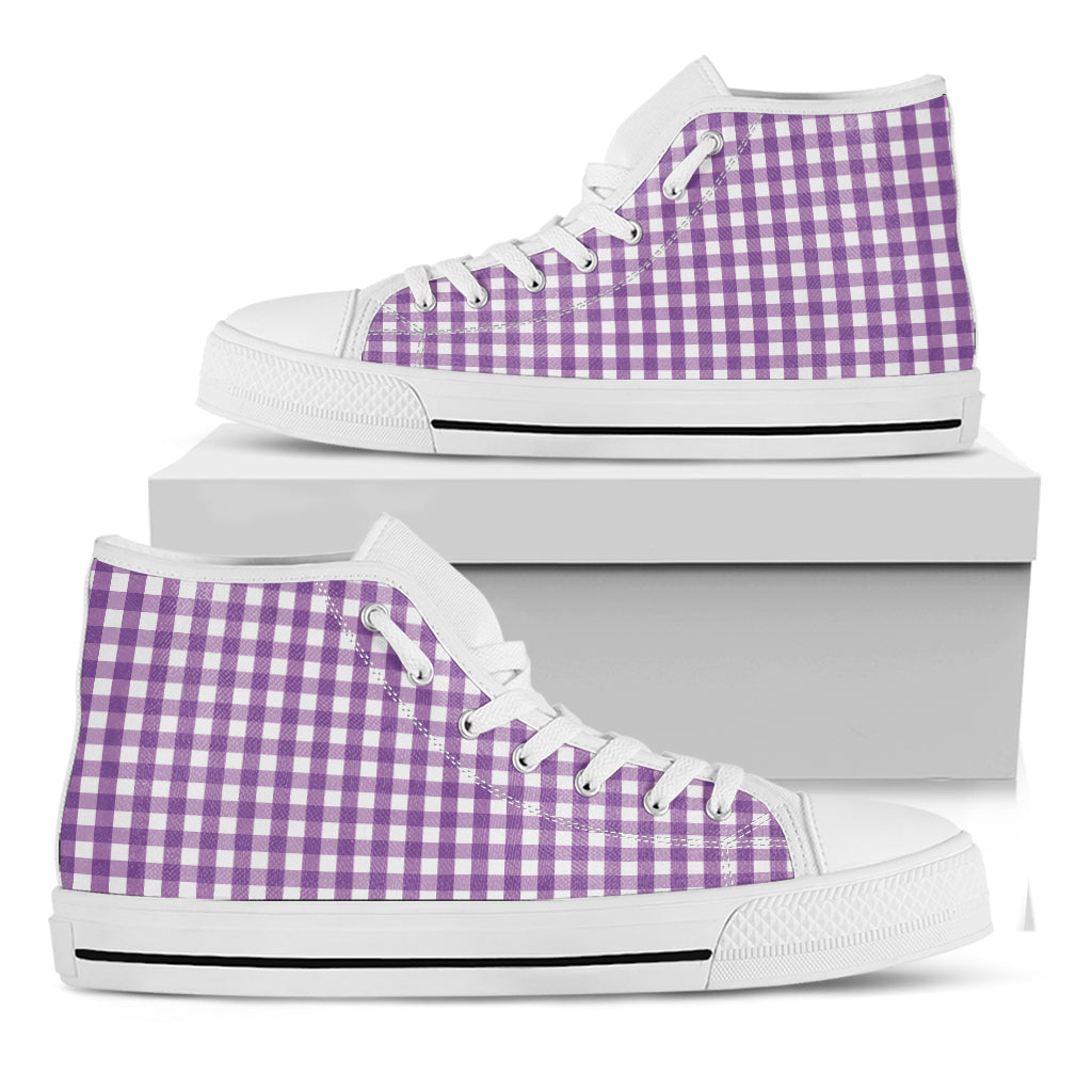 Purple And White Check Pattern Print White High Top Shoes