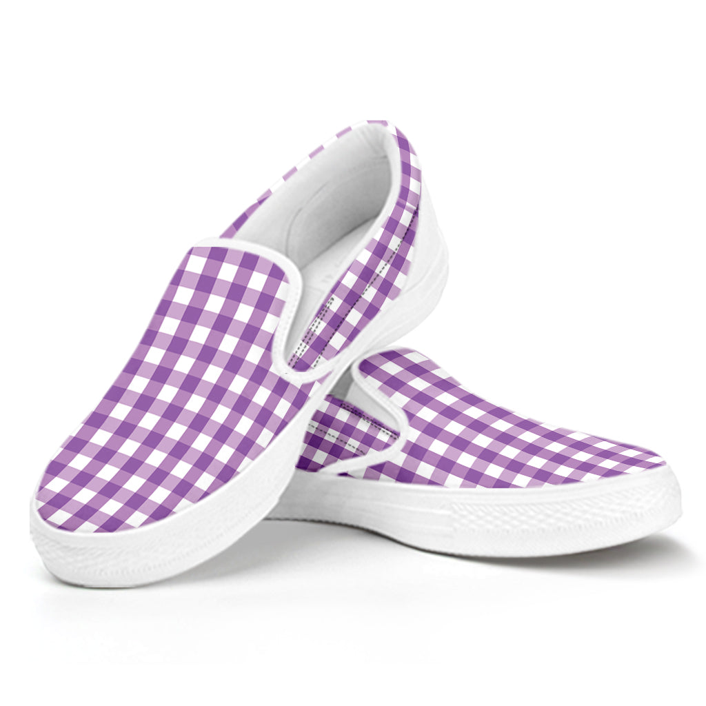 Purple And White Check Pattern Print White Slip On Shoes