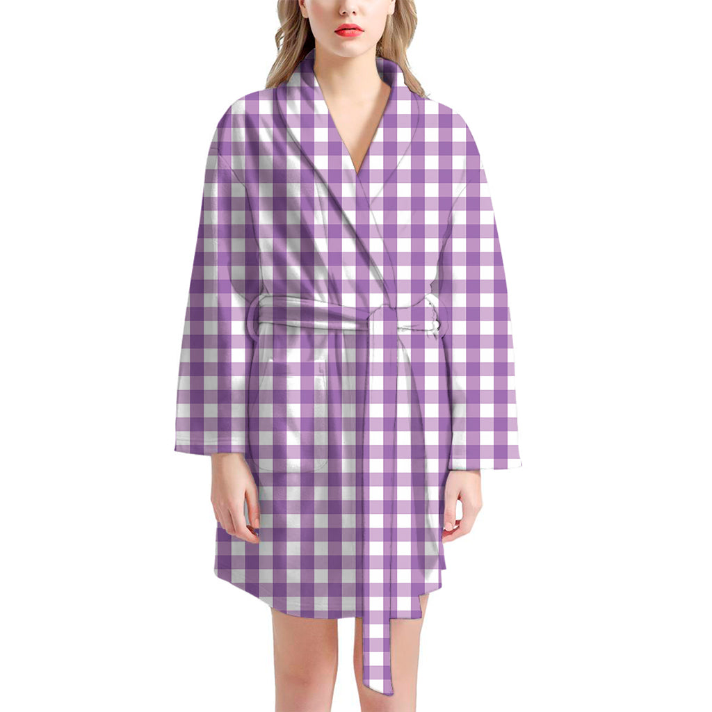 Purple And White Check Pattern Print Women's Bathrobe