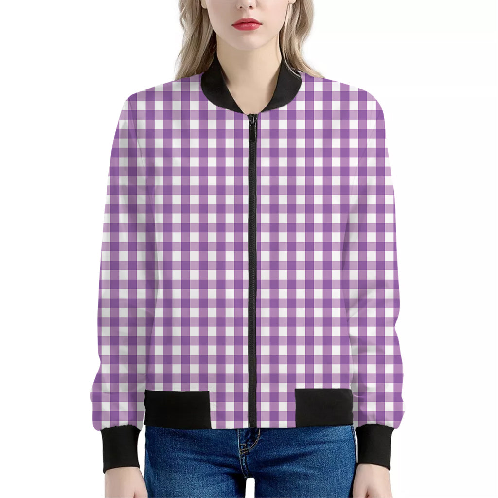 Purple And White Check Pattern Print Women's Bomber Jacket