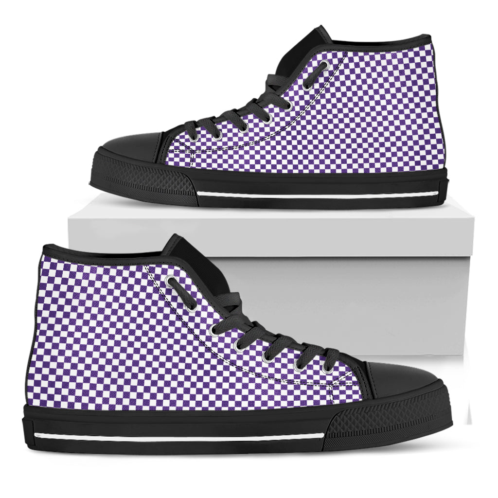 Purple And White Checkered Pattern Print Black High Top Shoes