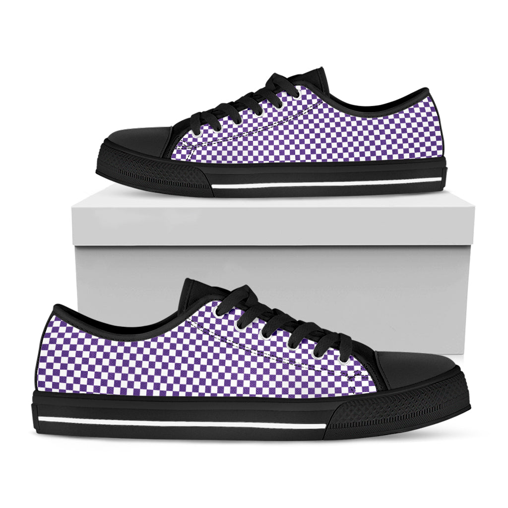 Purple And White Checkered Pattern Print Black Low Top Shoes