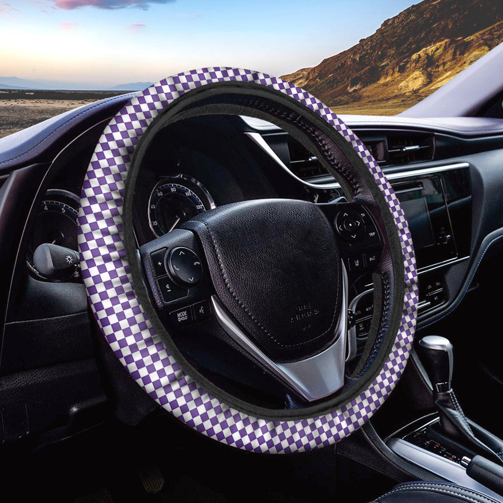 Purple And White Checkered Pattern Print Car Steering Wheel Cover