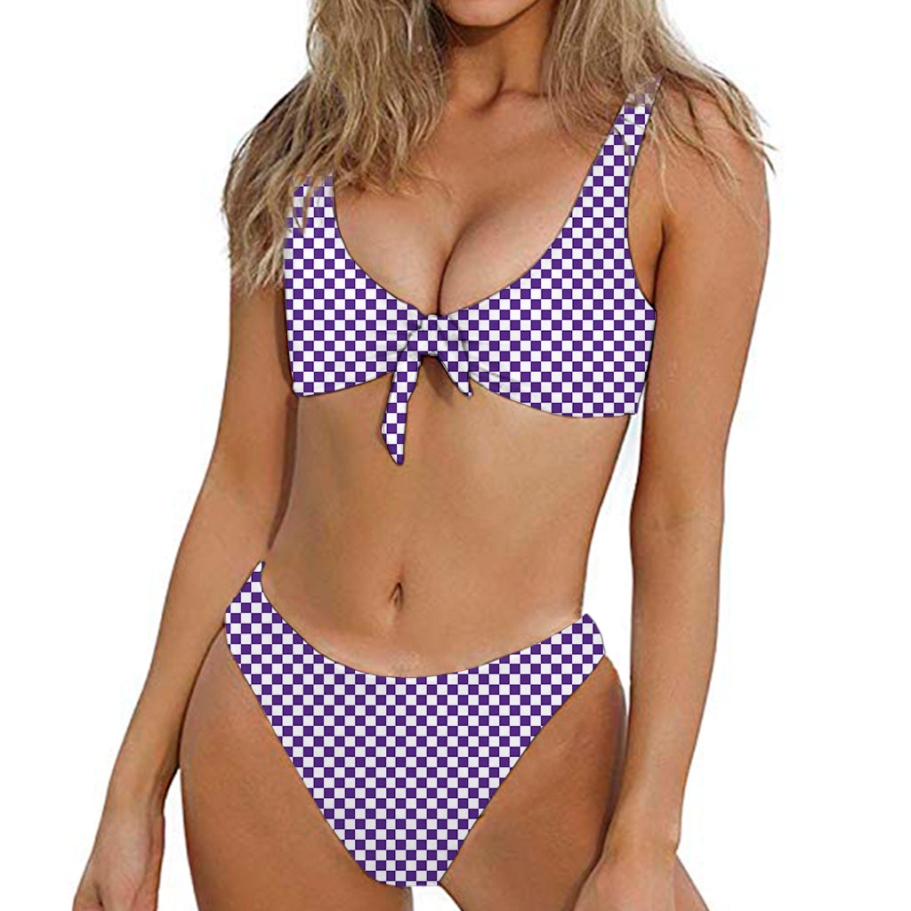 Purple And White Checkered Pattern Print Front Bow Tie Bikini