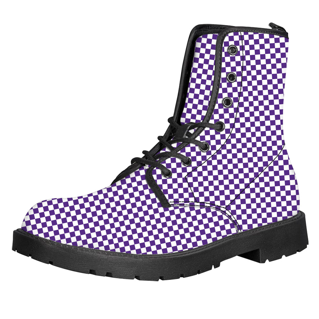 Purple And White Checkered Pattern Print Leather Boots