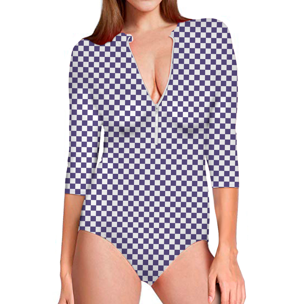 Purple And White Checkered Pattern Print Long Sleeve One Piece Swimsuit