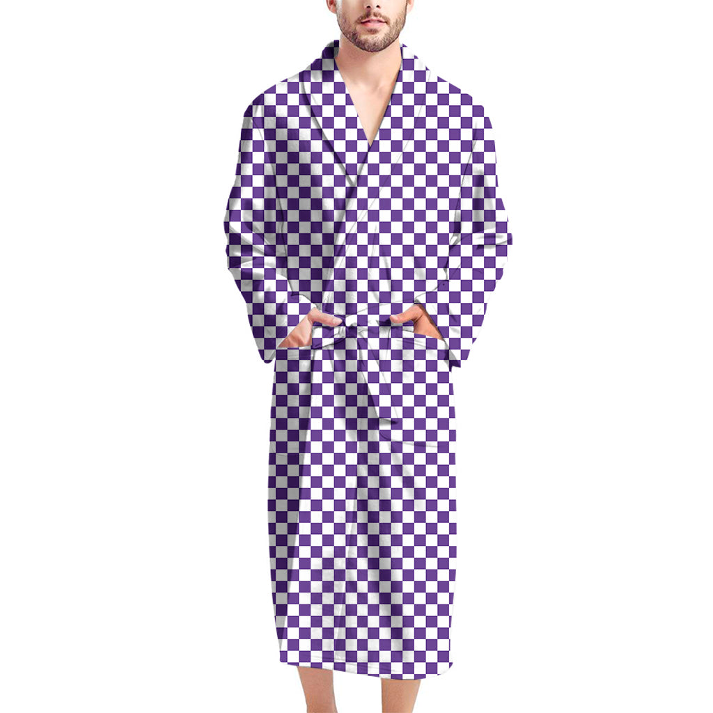 Purple And White Checkered Pattern Print Men's Bathrobe