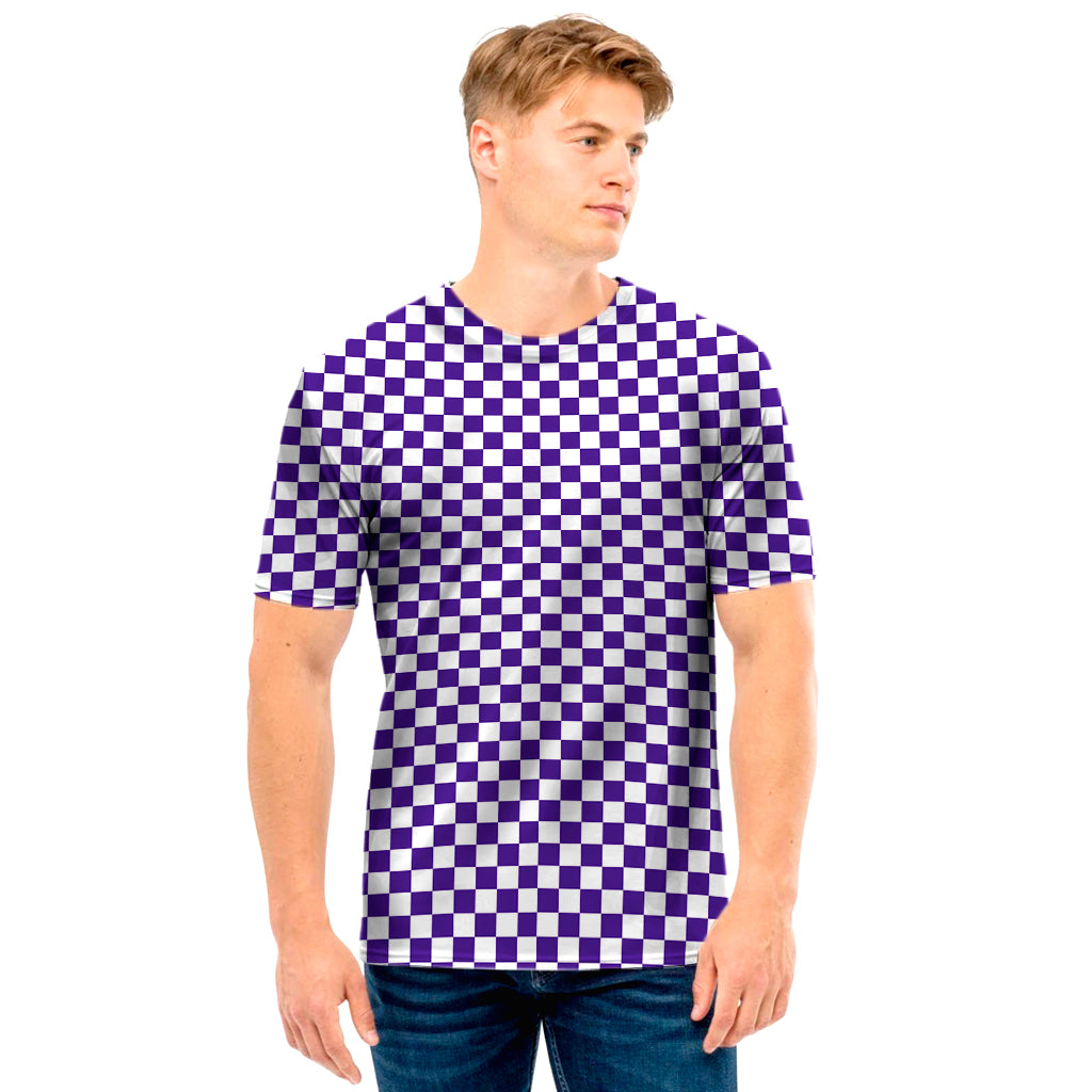 Purple And White Checkered Pattern Print Men's T-Shirt