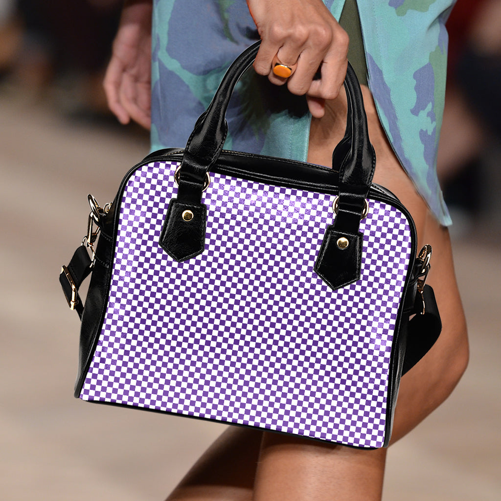 Purple And White Checkered Pattern Print Shoulder Handbag