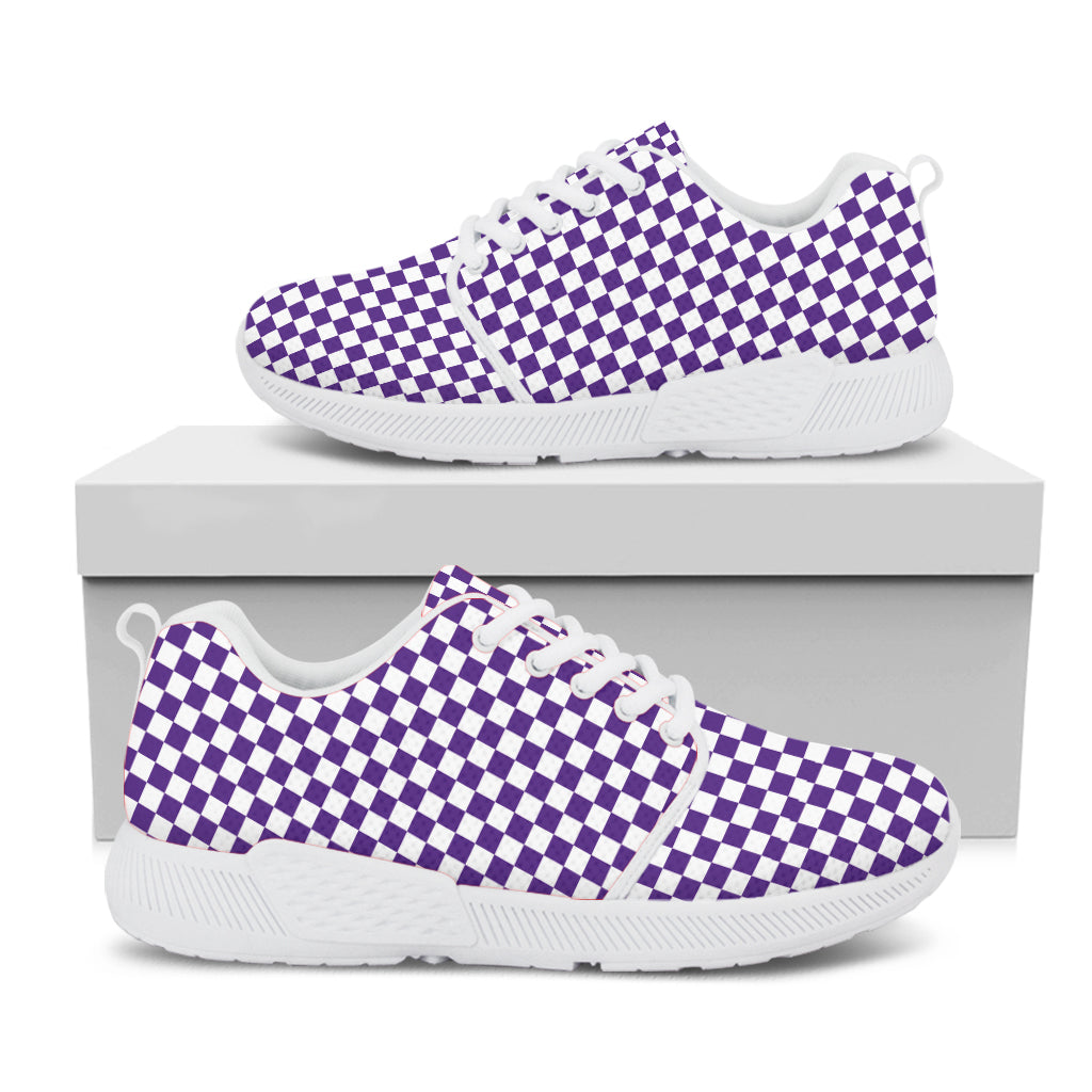 Purple And White Checkered Pattern Print White Athletic Shoes
