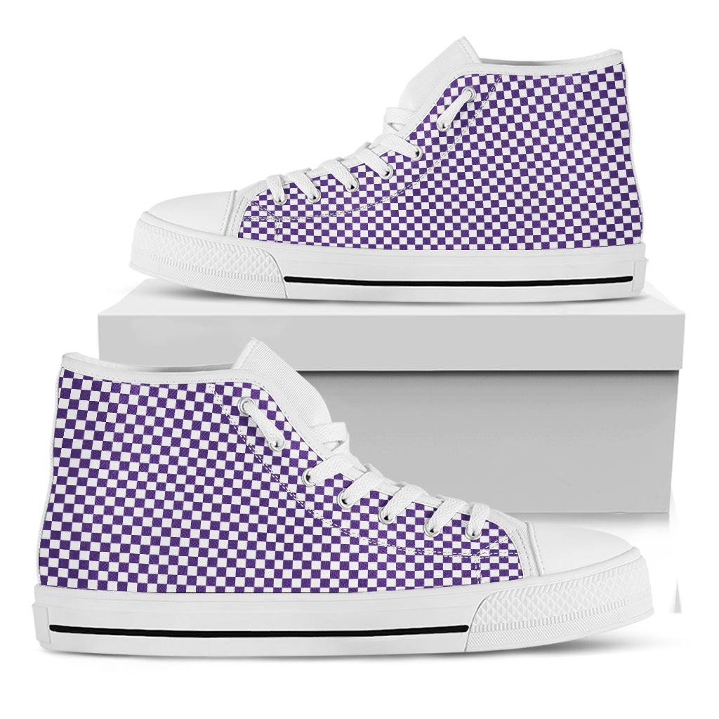 Purple And White Checkered Pattern Print White High Top Shoes